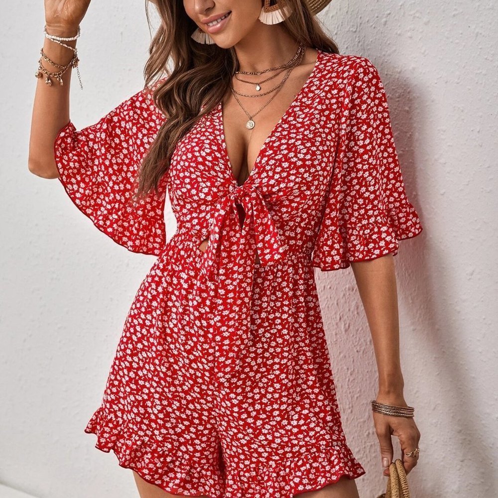 Red Boho Womens Ditsy Floral Tie Front Ruffle Hem Romper - Picture 5 of 5
